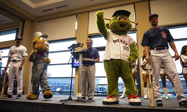 Houston Astros and Round Rock Express mascots, and players in new uniforms at the announcement of the Astros partnering with the Express as their Triple-A affiliate