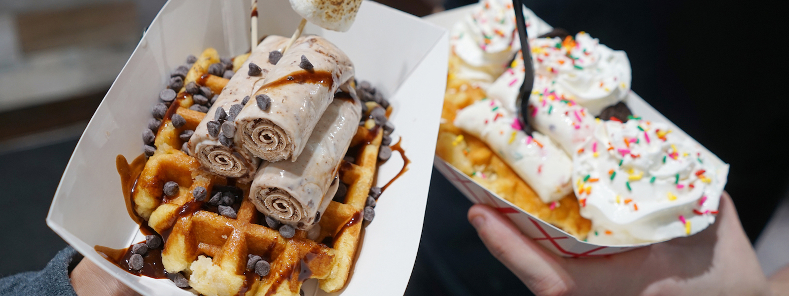 Rolled Ice Cream on top of waffles
