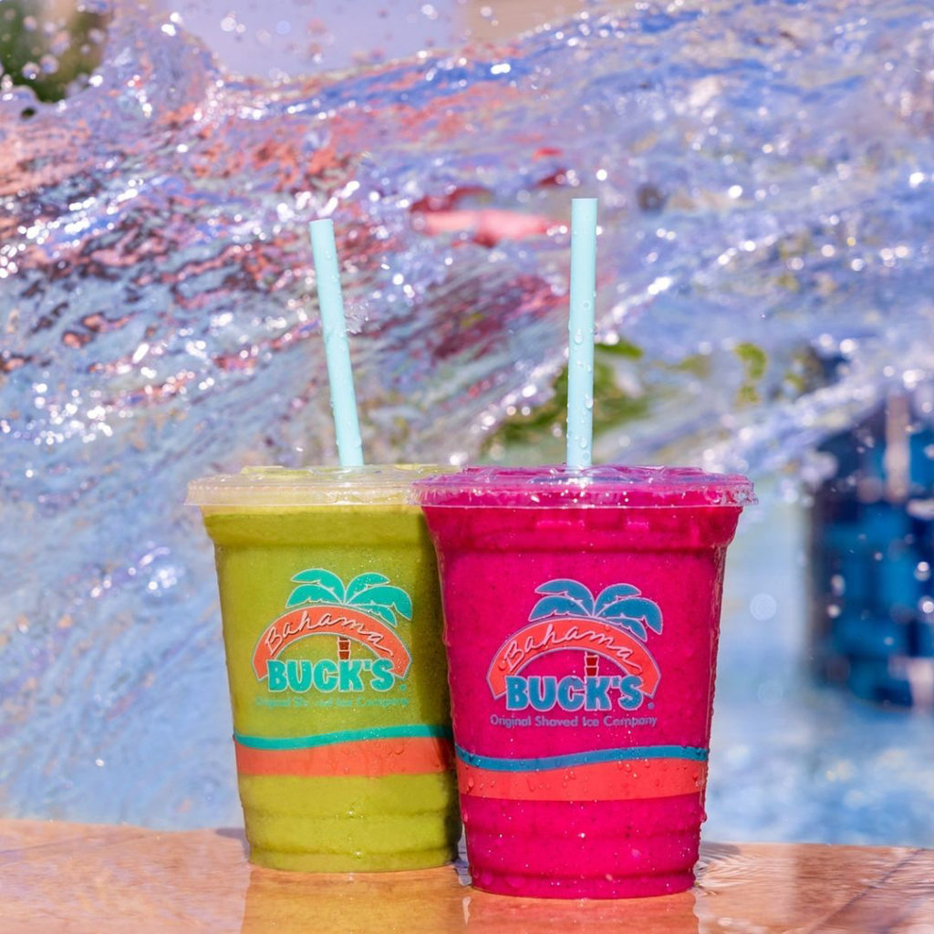Photo of a green and pink smoothie from Bahama Bucks. 