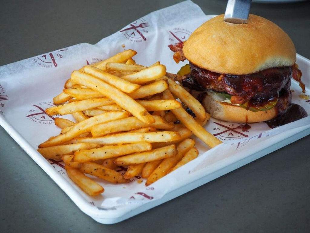 Photo of a burger with fries. 