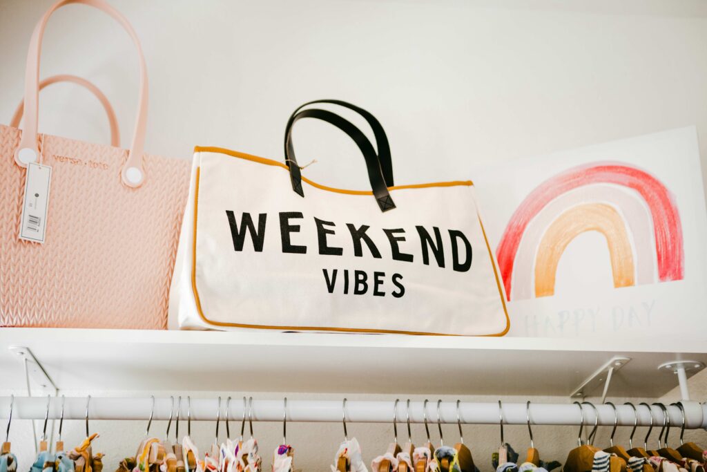 Tote bag that says weekend vibes at Hometown Gift and Decor